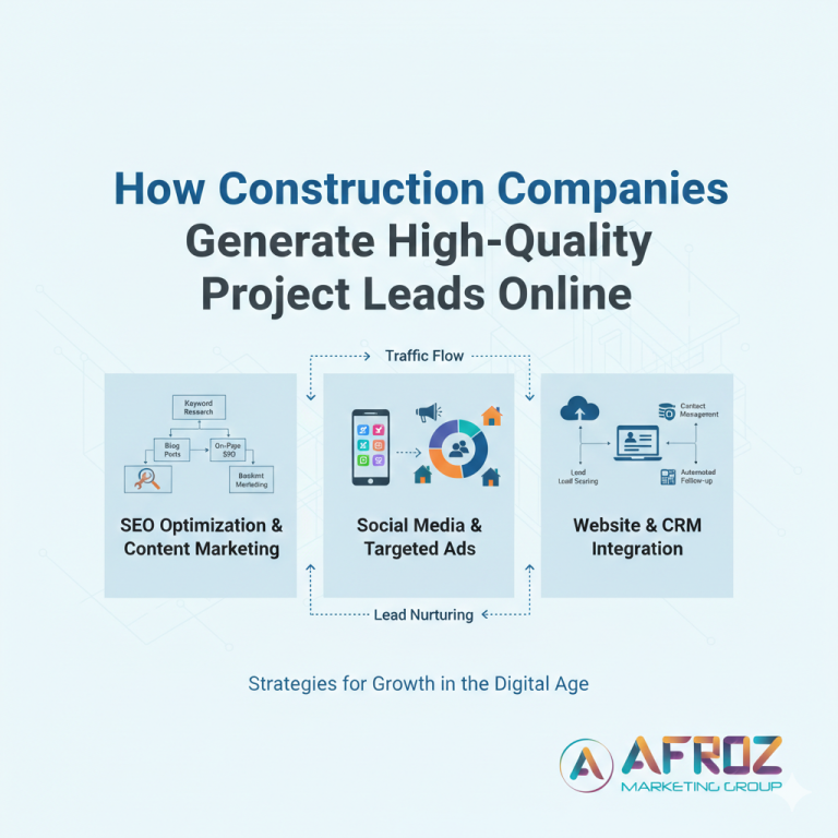 An infographic poster titled "How Construction Companies Generate High-Quality Project Leads Online." The design features a clean, professional layout with three main pillars: SEO Optimization & Content Marketing (showing a flowchart diagram), Social Media & Targeted Ads (featuring a mobile and graph interface), and Website & CRM Integration (depicting a cloud-to-laptop data flow). A "Traffic Flow" and "Lead Nurturing" loop connects the sections, and the Afroz Marketing Group logo is placed subtly at the bottom right.
