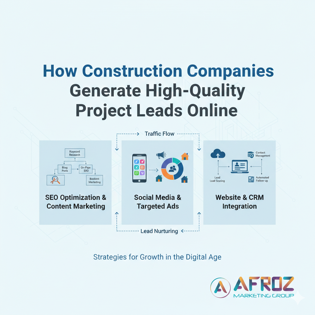 An infographic poster titled "How Construction Companies Generate High-Quality Project Leads Online." The design features a clean, professional layout with three main pillars: SEO Optimization & Content Marketing (showing a flowchart diagram), Social Media & Targeted Ads (featuring a mobile and graph interface), and Website & CRM Integration (depicting a cloud-to-laptop data flow). A "Traffic Flow" and "Lead Nurturing" loop connects the sections, and the Afroz Marketing Group logo is placed subtly at the bottom right.